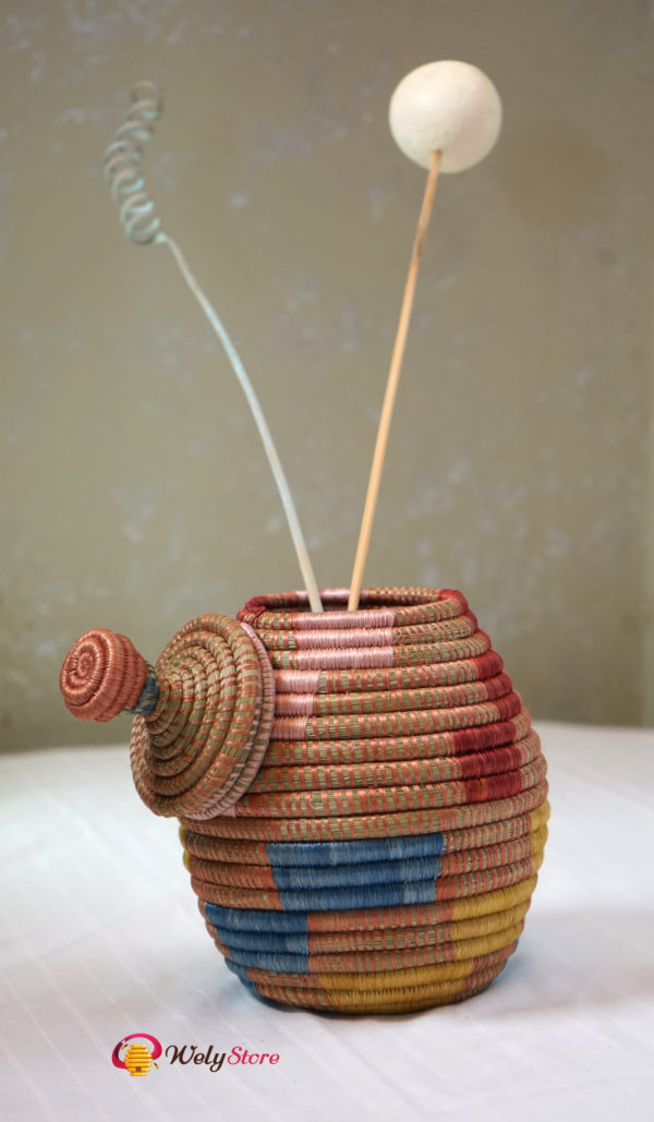 Cache-pot en sisal- Rose bleu marron